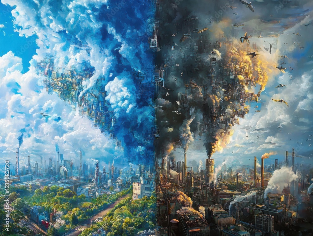 A split scene showing contrasting environments: nature vs. industrial pollution. A split scene showing contrasting environments: nature vs. industrial pollution.