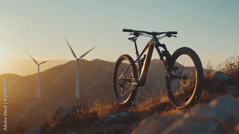 Naklejka premium A golden hour shot of wind turbines reflecting vibrant light, symbolizing optimism and progress in renewable energy