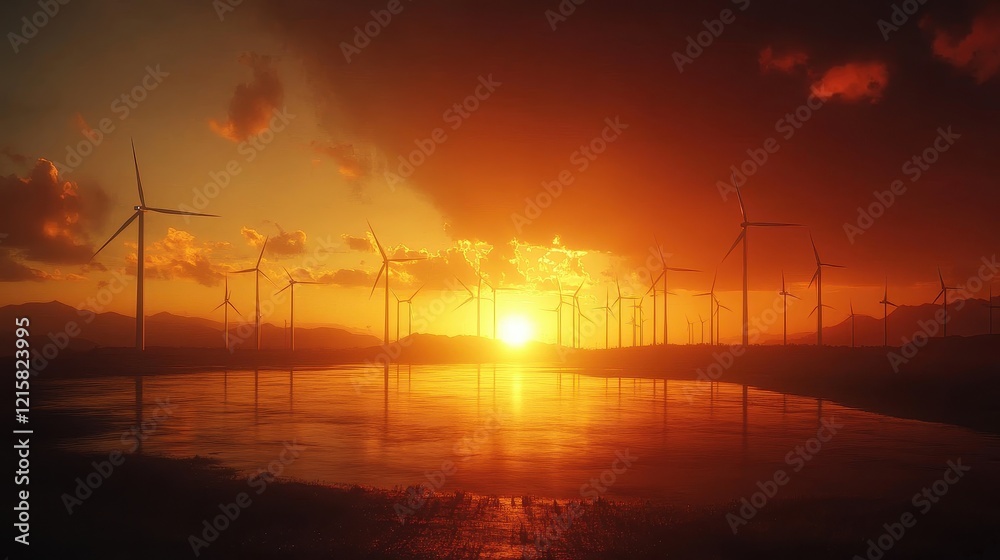 Obraz premium A golden hour shot of wind turbines reflecting vibrant light, symbolizing optimism and progress in renewable energy