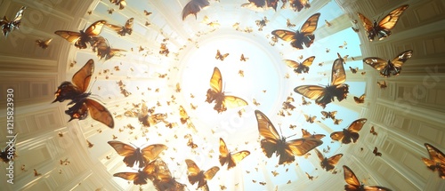 Golden butterflies swirl gently in soft light creating a serene ethereal ambiance. AI Generated