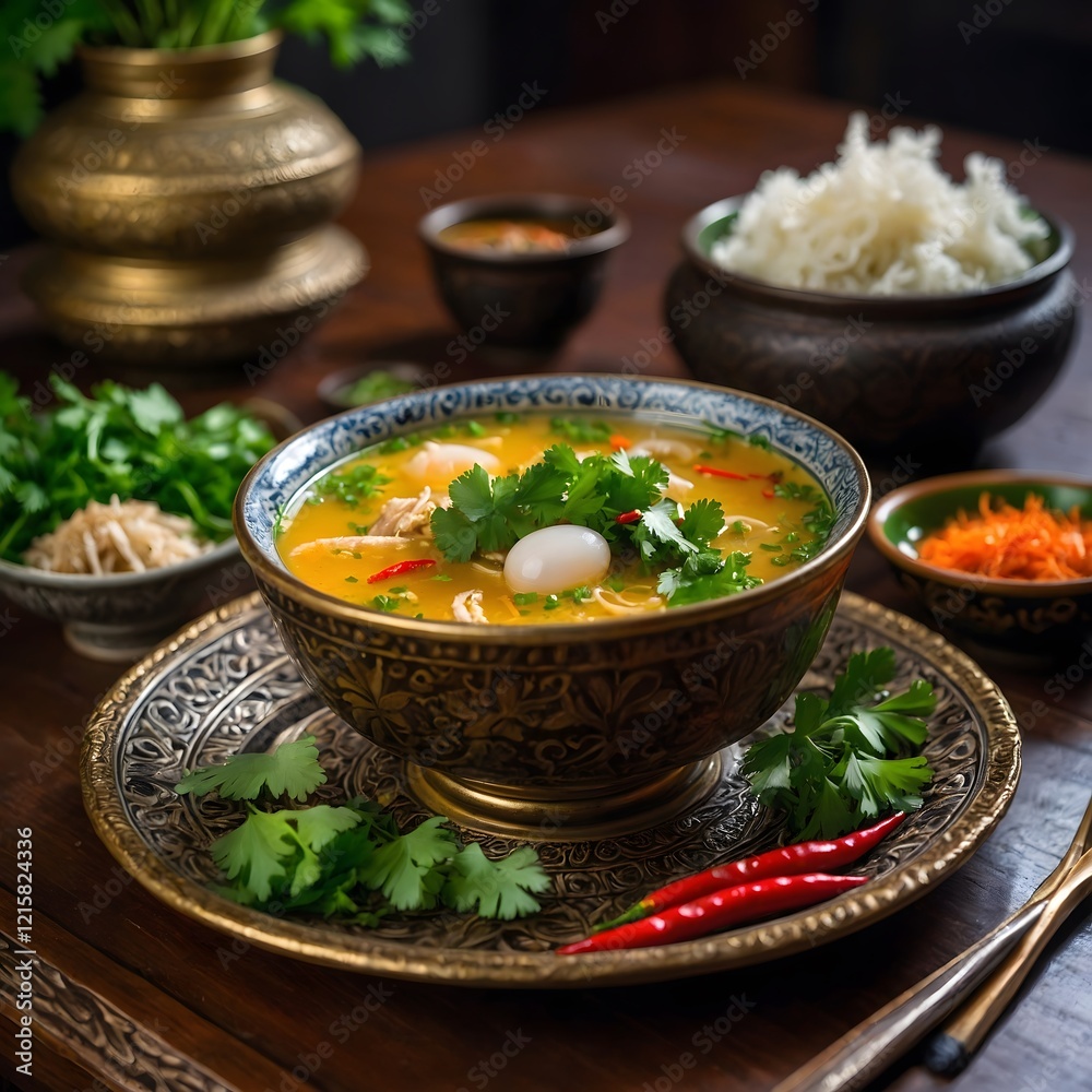 Sophisticated Ant Egg Soup Presentation with Cilantro and Chili Sophisticated Ant Egg Soup Presentation with Cilantro and Chili