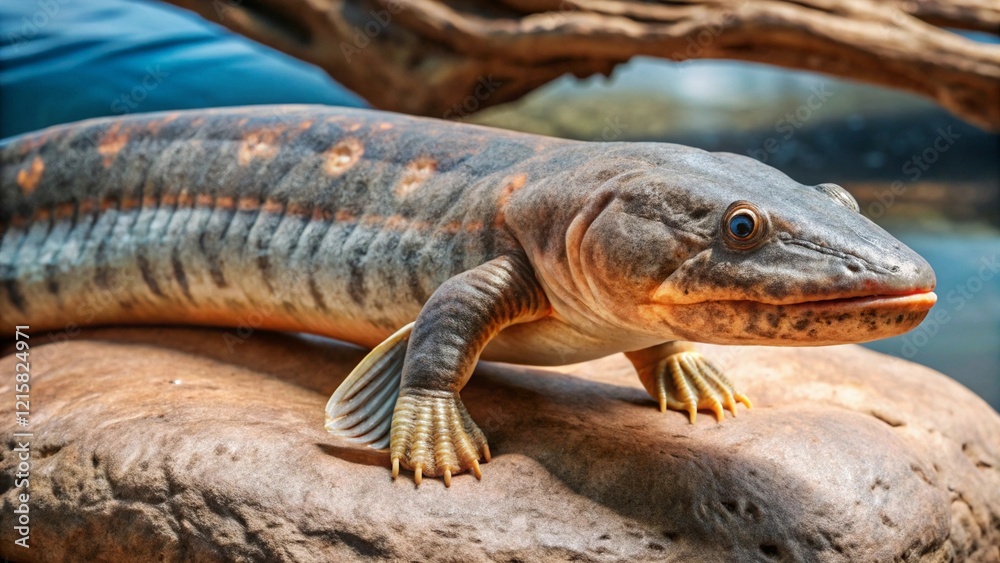 Naklejka premium Tiktaalik extinct walking fish, a key link in evolution, bridging aquatic life to four-legged animals