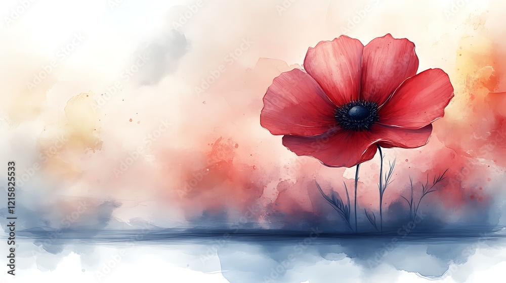 Obraz premium A single, vibrant red poppy flower, rendered in a painterly digital watercolor style, commands attention against a soft, atmospheric background of blended pastel hues, creating a serene and evocative 