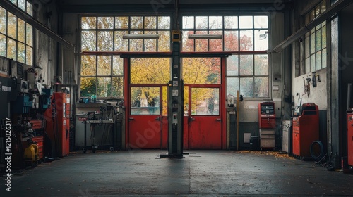 Empty auto repair shop with red doors and tools. Perfect for concepts of repair, maintenance, or industry.