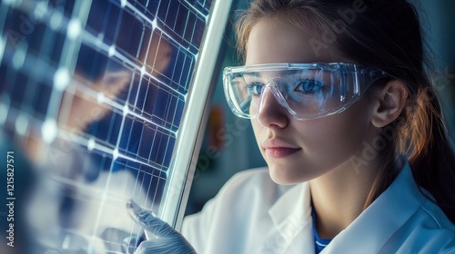 Close-up of a young scientist inspecting transparent flexible solar panels, cutting-edge renewable energy development photo