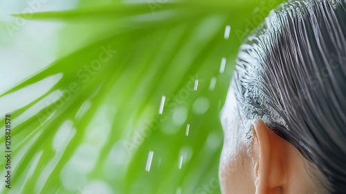 Water cascades gently over wet gray hair lush green foliage background. AI Generated