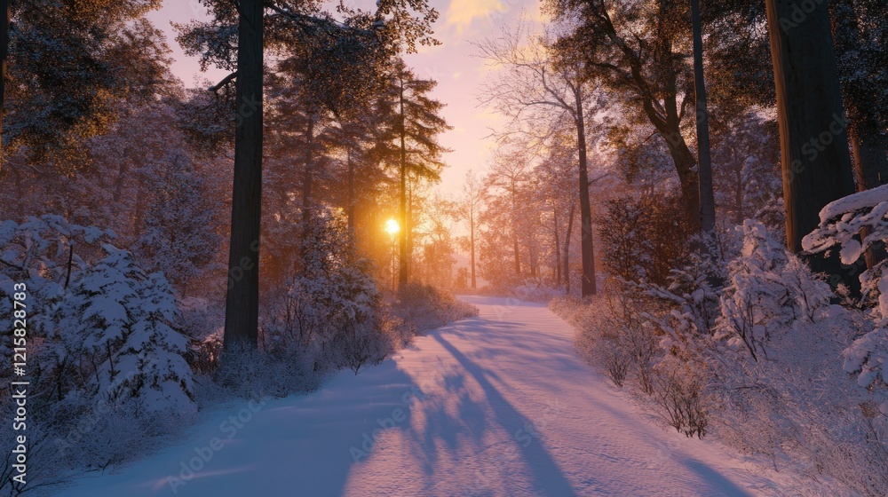 Winter sunset in a snowy forest with sunlight streaming through the trees creating long shadows on the path Winter sunset in a snowy forest with sunlight streaming through the trees creating long shadows on the path
