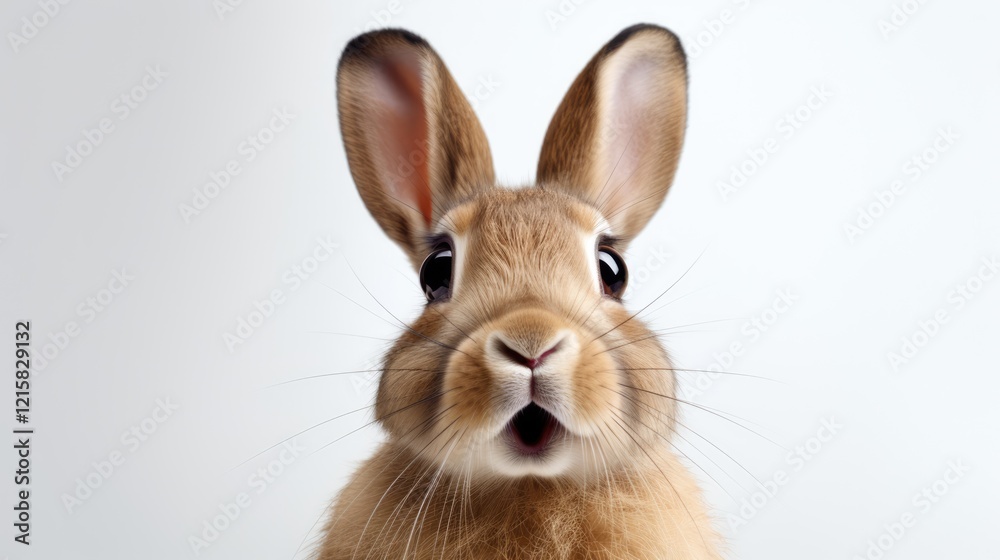 Fototapeta premium Surprised Funny Cute Bunny with Big Eyes on Light Background, Cute Animal Portrait