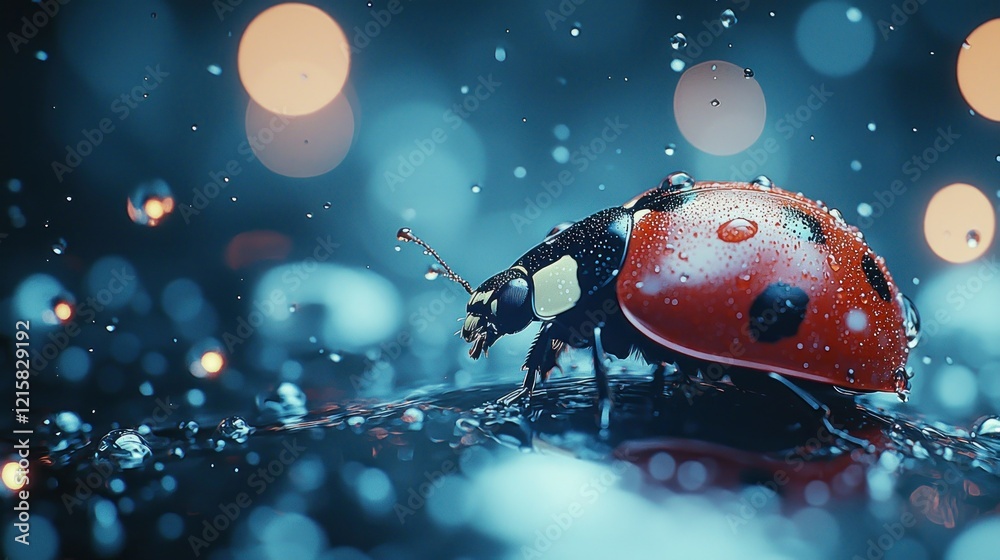 Naklejka premium Close-up of a ladybug covered in water droplets with bokeh background, macro photography