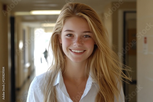Free Download Portrait of a Smiling Blonde Woman in a Corridor - GFXLoad