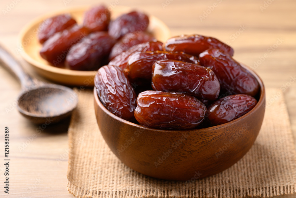 Date palm fruit (MedJool) in wooden bowl Date palm fruit (MedJool) in wooden bowl