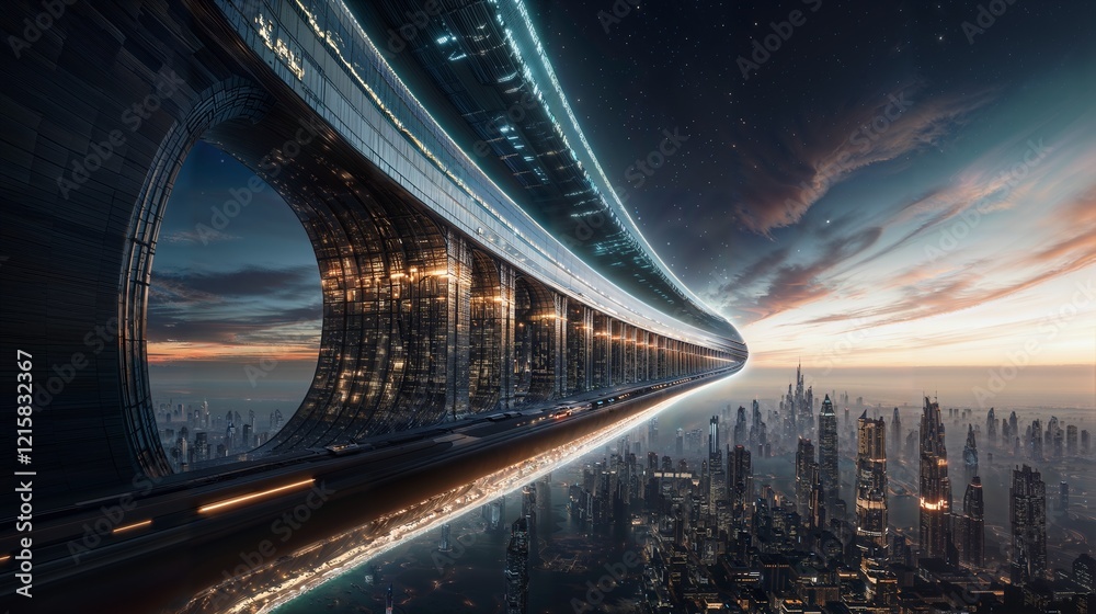 Fototapeta premium Futuristic Elevated Highway Over Metropolis at Dusk with Stunning Architecture and Skyscrapers