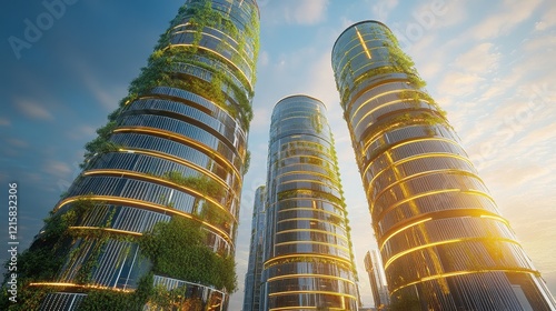 Vertical solar farms integrated into futuristic skyscrapers, clean energy and urban sustainability innovation photo