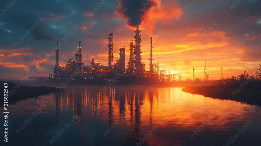 Fototapeta premium Refinery sunset reflection, pollution, industrial river
