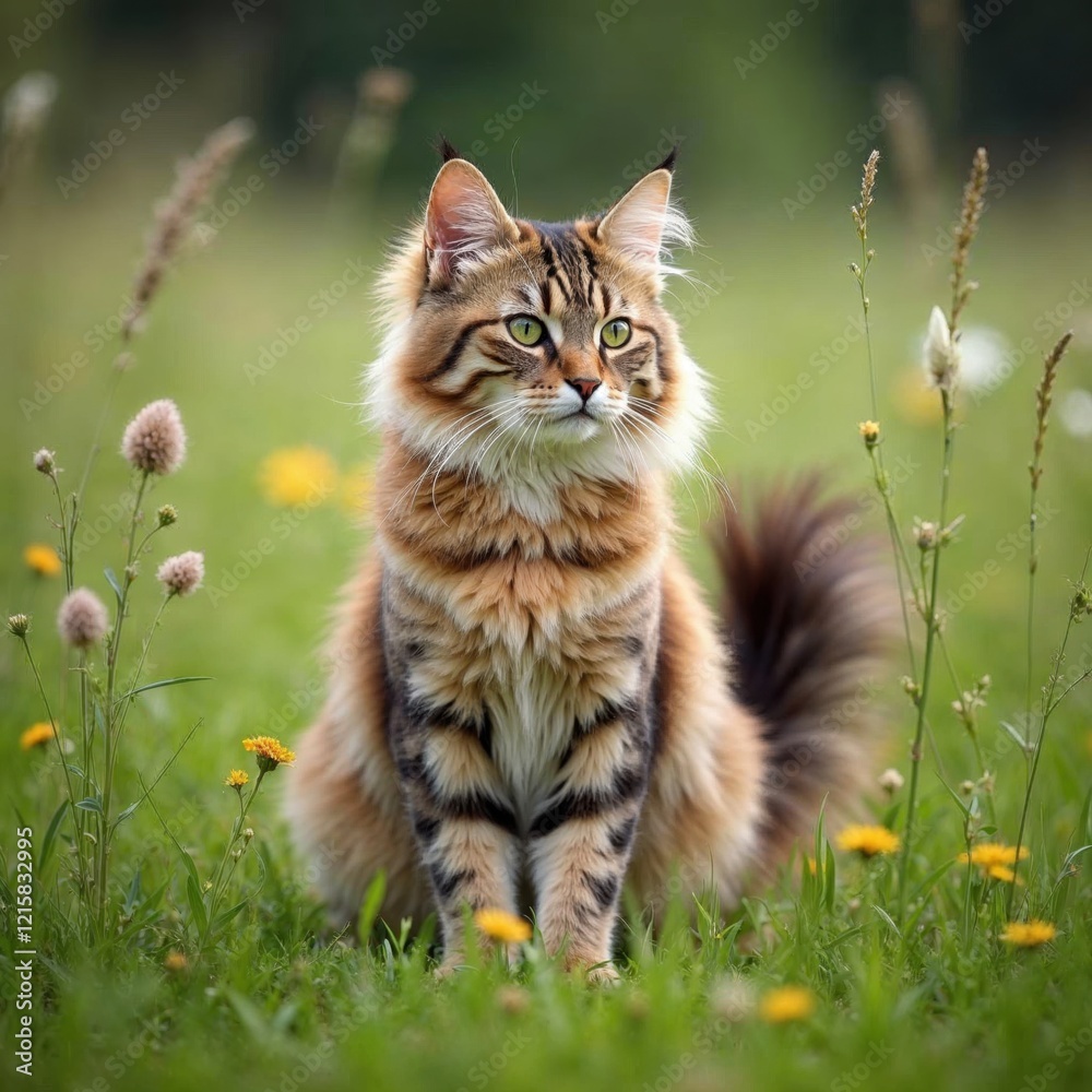 Longhaired Tabby Cat Sitting in a Wildflower Meadow Longhaired Tabby Cat Sitting in a Wildflower Meadow