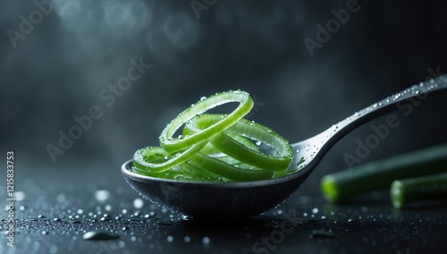 Spoonful of fresh green onion rings with water droplets in moody lighting