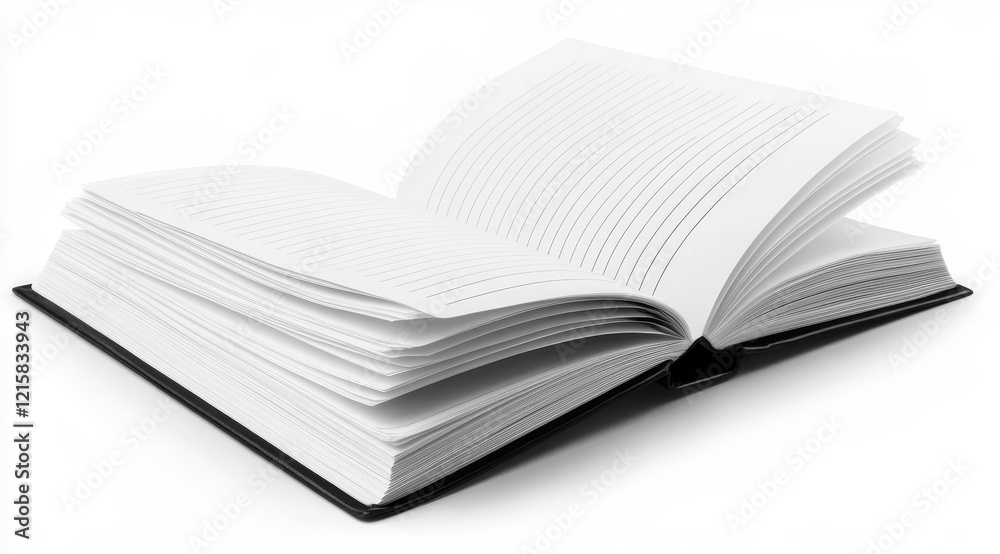 Open blank notebook with lined pages on white background. Open blank notebook with lined pages on white background.