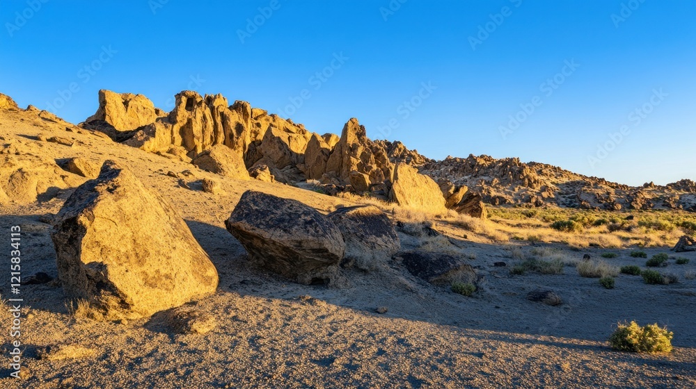 Golden Hour at Alabama Hills: Dramatic Rock Formations Under a Clear Blue Sky Golden Hour at Alabama Hills: Dramatic Rock Formations Under a Clear Blue Sky
