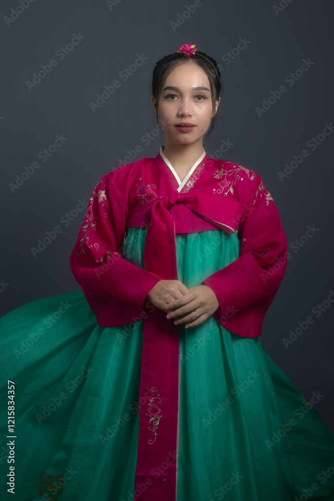 Young woman wearing pink, fuchsia and teal hanbok, a traditional Korean dress. Young woman wearing pink, fuchsia and teal hanbok, a traditional Korean dress.