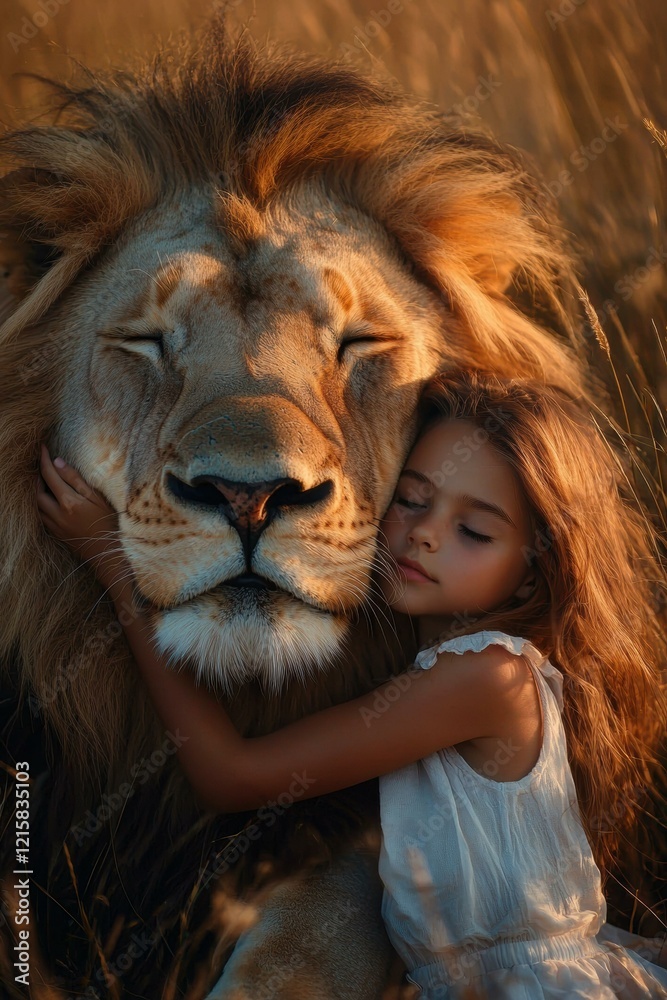 Naklejka premium A tender moment between a girl and a lion. AI.