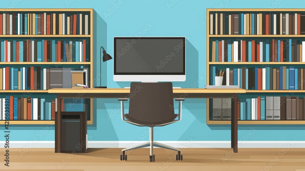 Modern Home Office Workspace with Bookshelves and Computer Modern Home Office Workspace with Bookshelves and Computer
