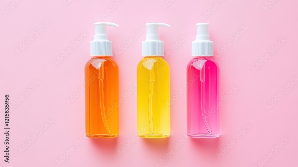 Three colorful bottles with pump and spray dispensers on pink background. Three colorful bottles with pump and spray dispensers on pink background.