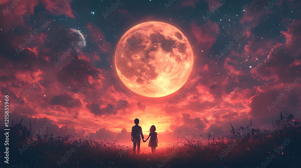 Couple holding hands, gazing at red moon, starry night, field, romance artwork Couple holding hands, gazing at red moon, starry night, field, romance artwork