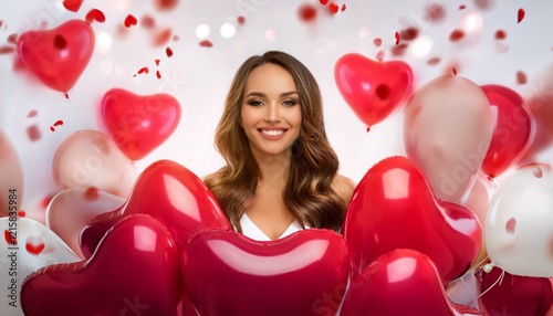 Valentine’s Day Love, Woman with Soft Smile and Heart-Shaped Balloons in the Air