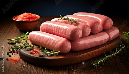 Sausages are flavorful, ground pork encased in a casing, often grilled. photo