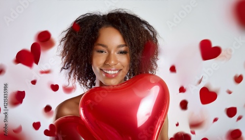 Heart-Shaped Balloons and Soft Smile, Woman Celebrating Valentine’s Day