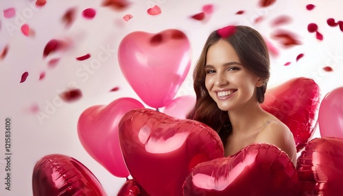 Woman with Soft Smile Surrounded by Floating Heart-Shaped Balloons on Valentine’s Day