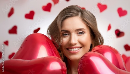 Sweet Valentine’s Day Smile, Woman Surrounded by Heart-Shaped Balloons