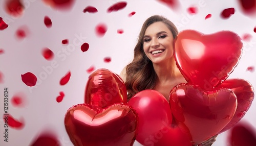Woman with Soft Smile and Floating Heart-Shaped Balloons on Valentine’s Day