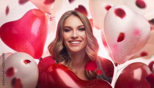 Heart-Shaped Balloons and Soft Smile, Woman on Valentine’s Day