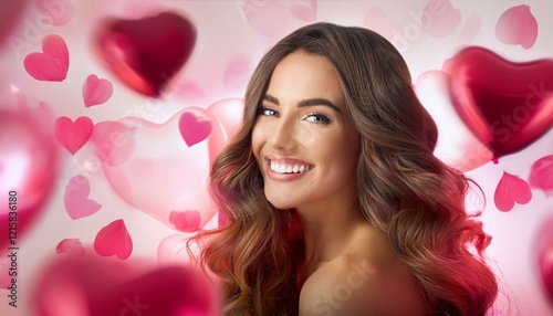 Woman Smiling Surrounded by Floating Heart-Shaped Balloons on Valentine’s Day