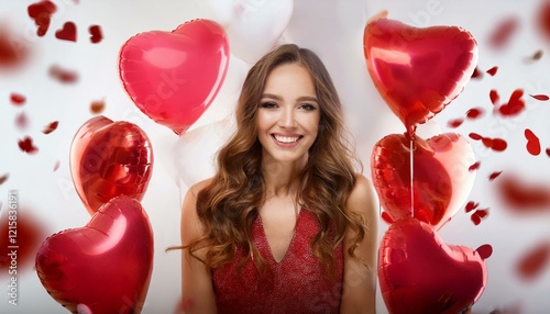 Heart-Shaped Balloons Floating Around Woman with Soft Smile on Valentine’s Day