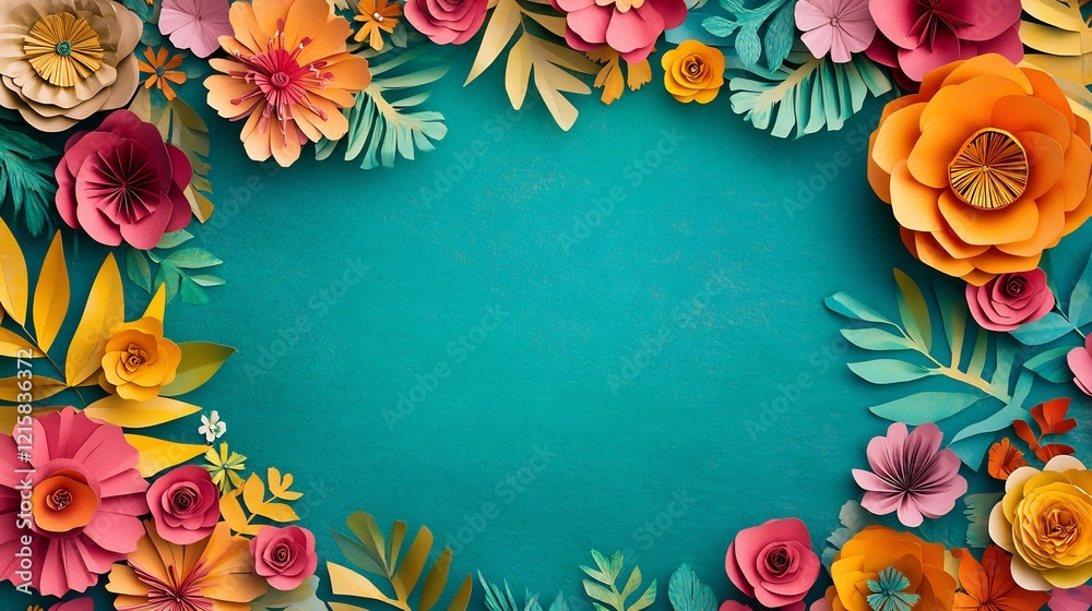Fototapeta premium Vibrant paper flowers create joyful teal background frame. AI Generated