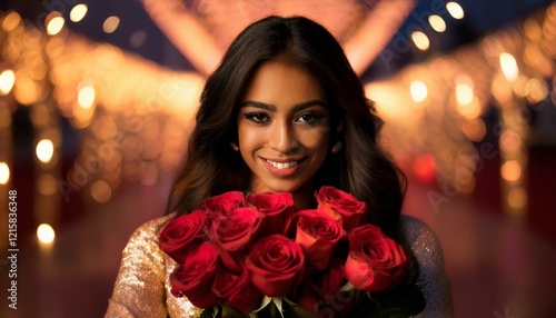 Beautiful woman with a bouquet of roses near her face in a Valentine's Day setting