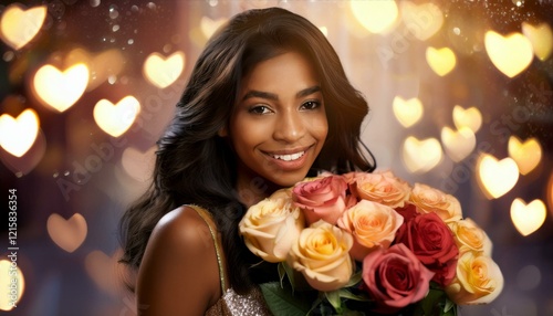 Elegant shot of a woman holding a bouquet of roses close to her face on Valentine's Day