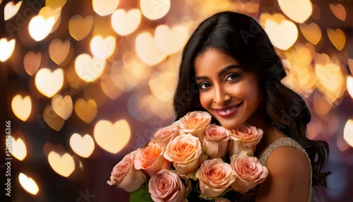 Tender Valentine's Day moment of a woman with roses and soft-focus photography
