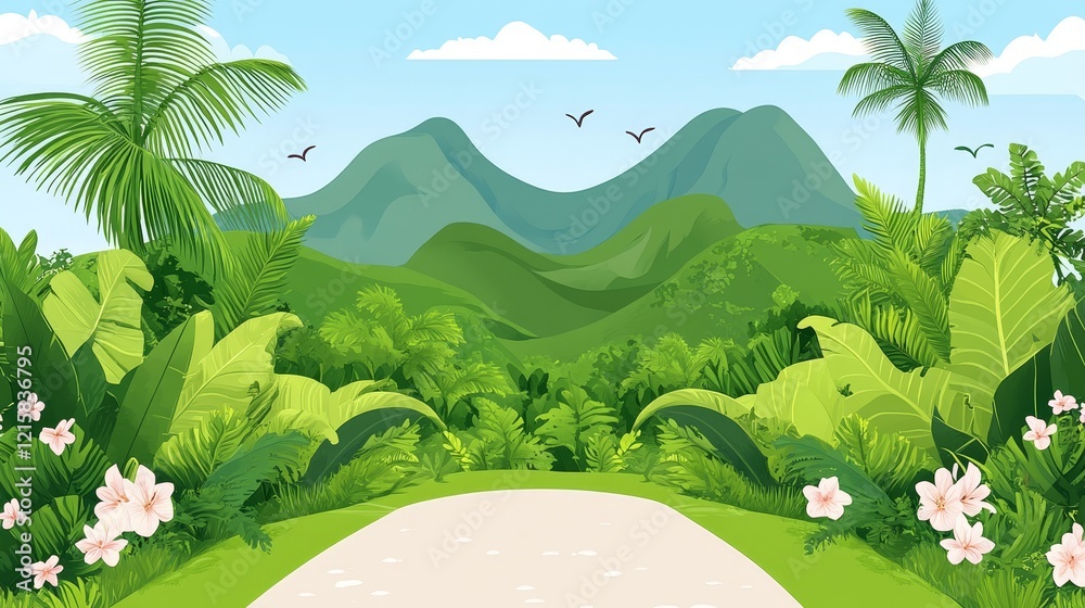 Obraz premium Lush Tropical Landscape with Winding Path Leading to Majestic Mountains