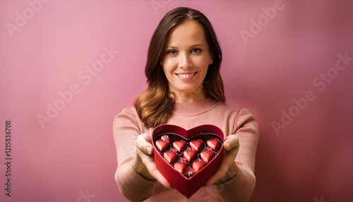 Valentine's Day Woman Offering Heart-Shaped Chocolate Box