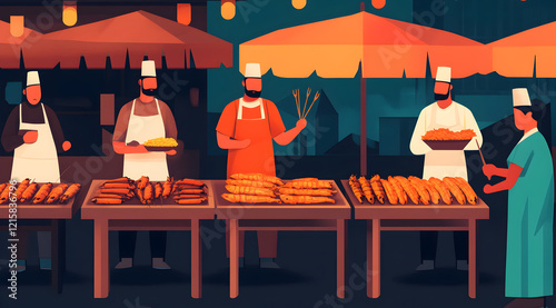 A vibrant market scene with chefs at stalls, showcasing various baked goods under colorful tents, creating an inviting atmosphere.