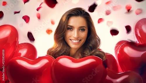 Sweet Valentine’s Day Moment: Woman with Heart-Shaped Balloons and Soft Smile
