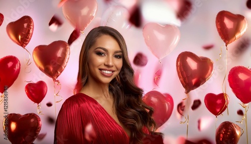 Floating Heart-Shaped Balloons and Soft Smile, Woman on Valentine’s Day