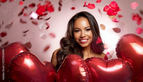 Valentine’s Day Celebration with Woman and Heart-Shaped Balloons in the Air