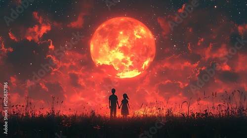 Couple holding hands, fiery red moon, night field, romance art photo