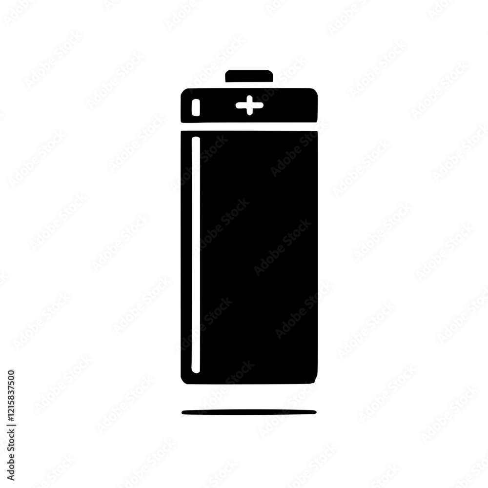 Battery Icon: A simple black and white silhouette icon of a battery with a plus and minus sign, signifying the positive and negative terminals. Battery Icon: A simple black and white silhouette icon of a battery with a plus and minus sign, signifying the positive and negative terminals.
