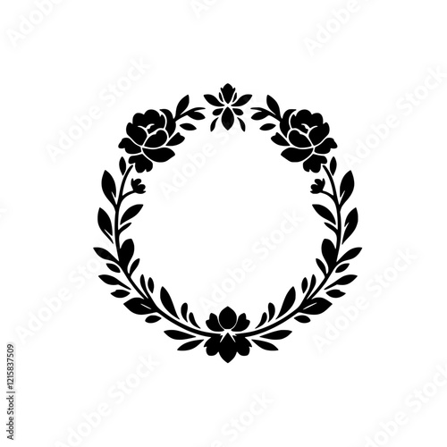 Floral Wreath Frame: Elegant black silhouette of a circular floral wreath, perfect for adding a touch of vintage charm to your designs.  The frame features delicate leaves and stylized roses.