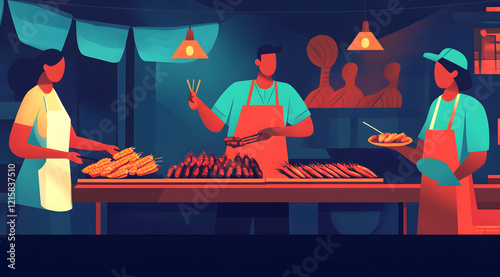 A vibrant illustration of a bustling food market scene with three vendors preparing and serving grilled food under warm lights.